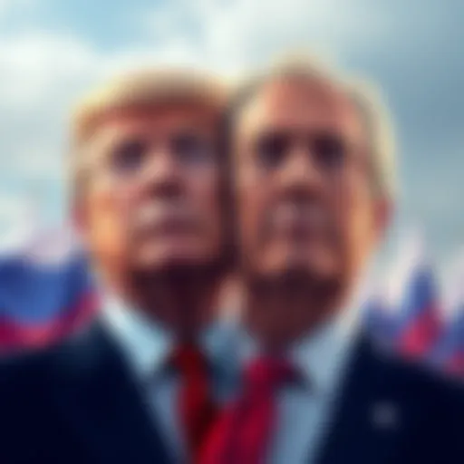 An illustration showing Donald Trump and Jeffrey Epstein with a backdrop of Russian flags, symbolizing their alleged ties to Russian intelligence.