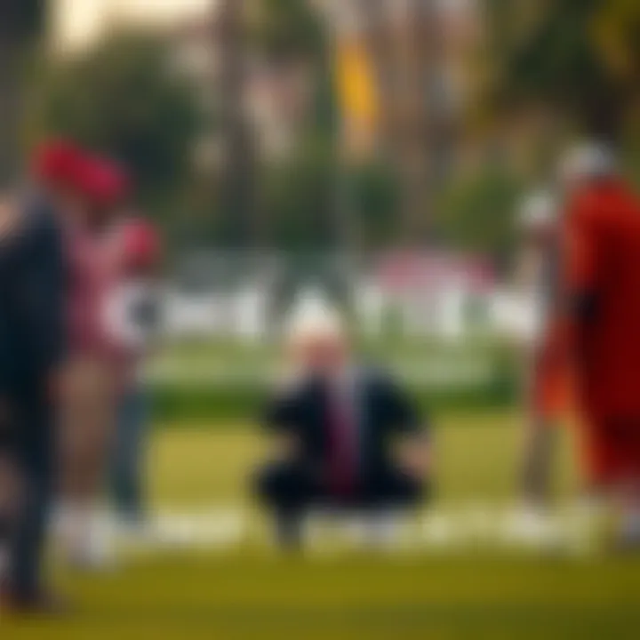 Donald Trump surrounded by friends on a golf course, appearing to cheat during a game