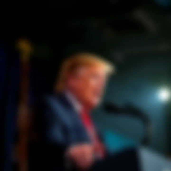 President Trump speaking at a podium about government shutdown regarding Epstein files