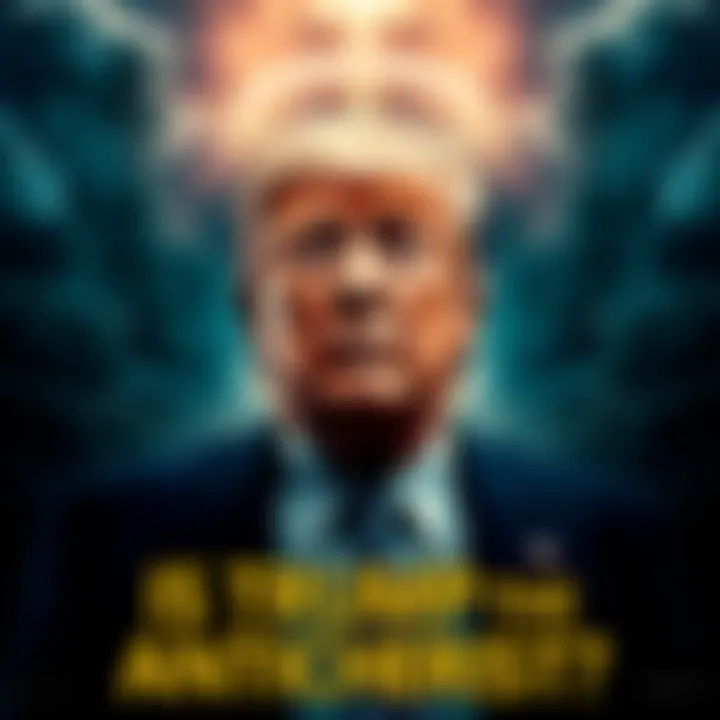 Donald Trump depicted with a halo and dark clouds surrounding him, symbolizing the controversial claims about him being the Antichrist.