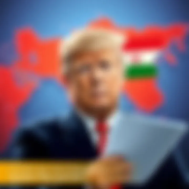 A concerned President Trump in front of a map highlighting Iran, with documents linked to Epstein in hand.