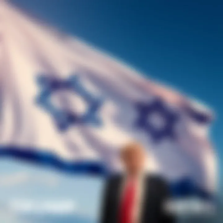 Trump and Israeli Flag President Trump standing with an Israeli flag in the background, highlighting U.S.-Israel relations.