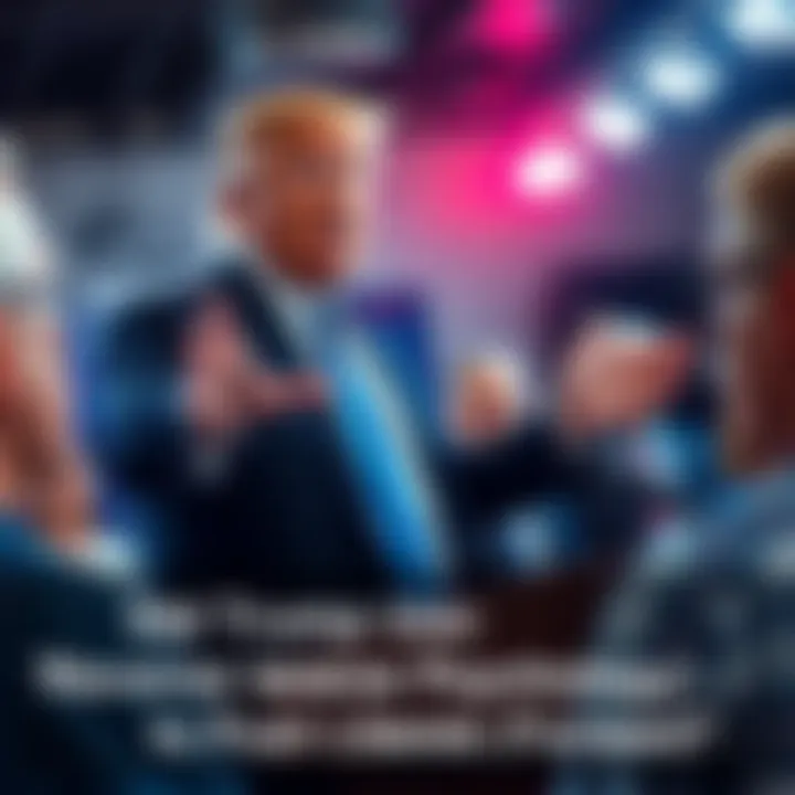 Donald Trump gesturing during a press conference while people discuss liberal policies in the background.