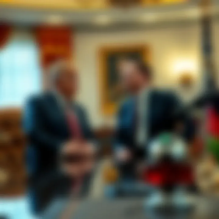 President Trump speaking about EV rebate changes while Elon Musk listens attentively, set in a formal meeting room