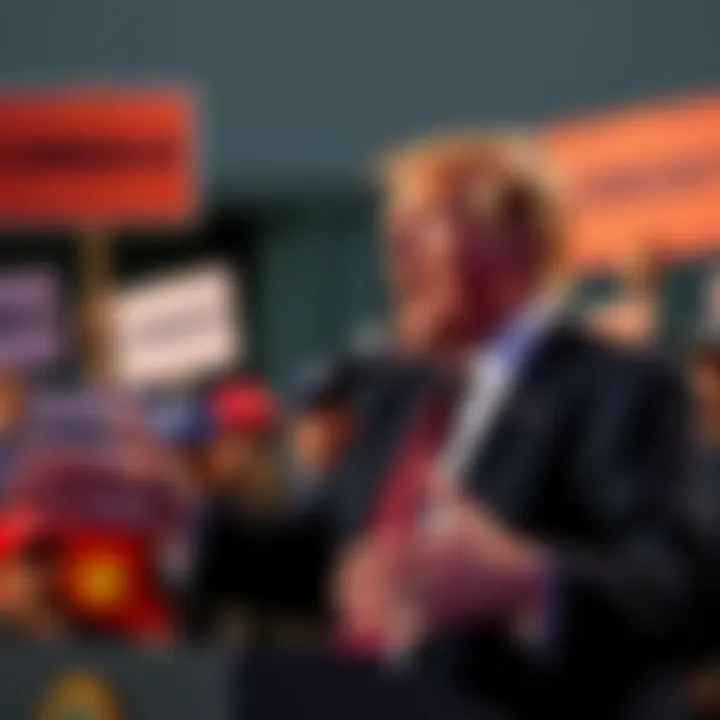 Former President Trump gestures while discussing communism at a rally, with supporters in the background holding signs.