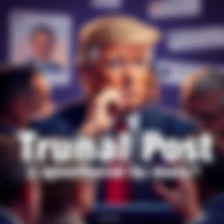 President Trump posting on social media with a thoughtful expression, surrounded by comments and reactions from people