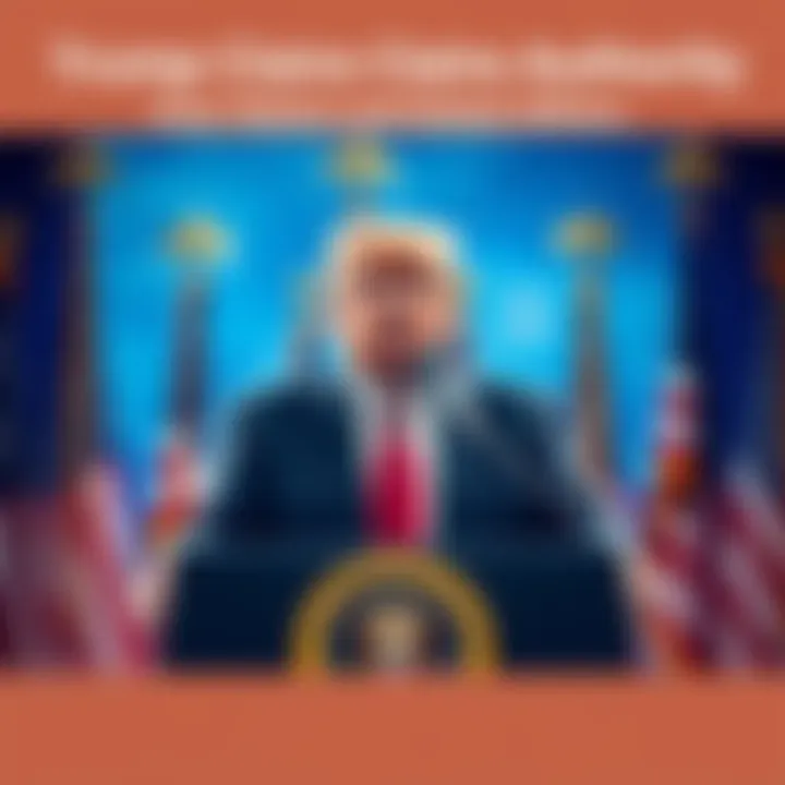 Donald Trump confidently speaking at a podium with American flags in the background, asserting his leadership role.