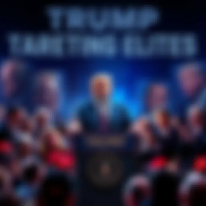 Trump Targeting Elites Donald Trump stands at a podium addressing a crowd about corruption, with images of elite figures in the background
