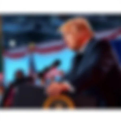 Former President Trump speaking at a podium about his policies on terrorism during a rally.