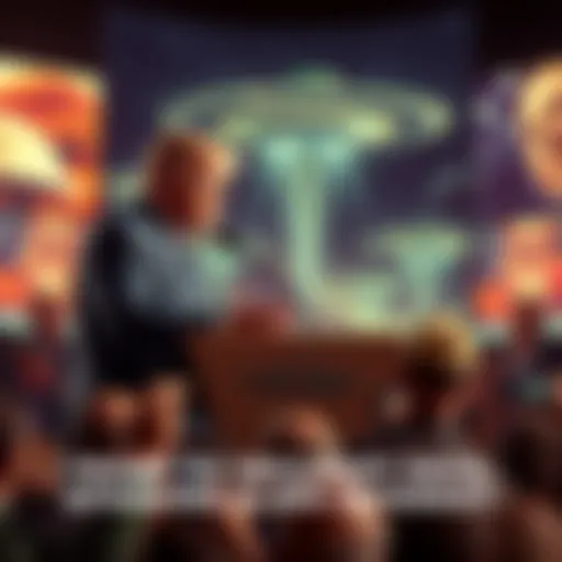 President Trump at a podium announcing the declassification of UAP data, with a backdrop of UFO images and a crowd of reporters