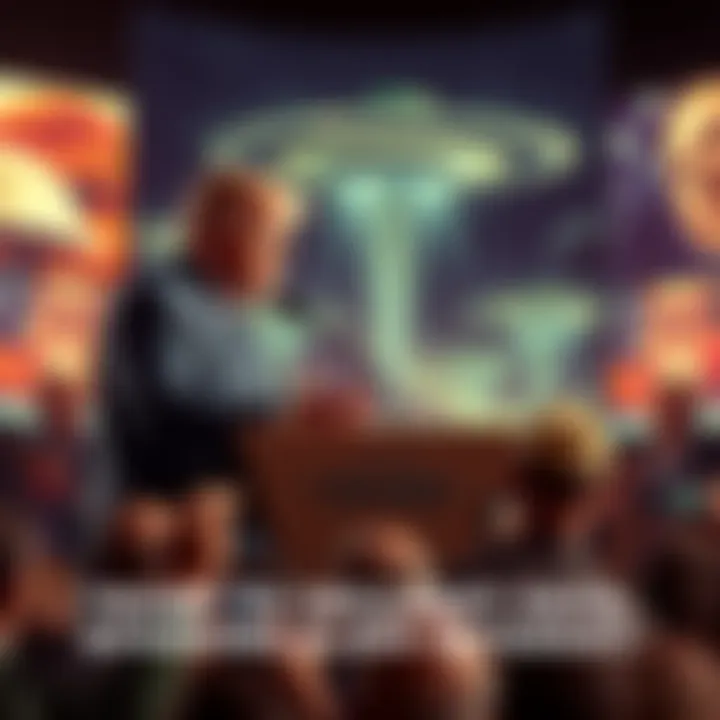 President Trump at a podium announcing the declassification of UAP data, with a backdrop of UFO images and a crowd of reporters