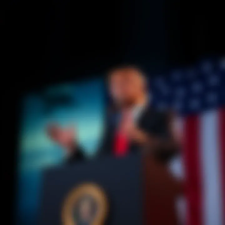 President Trump delivering a speech about recent UAP discoveries with a backdrop of the American flag