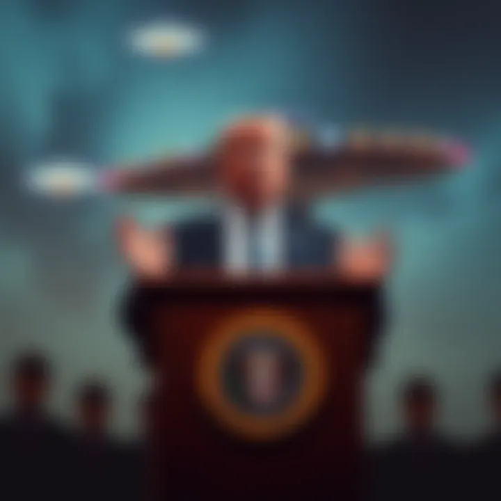 President Trump stands at a podium addressing the public about UFOs to clarify government positions