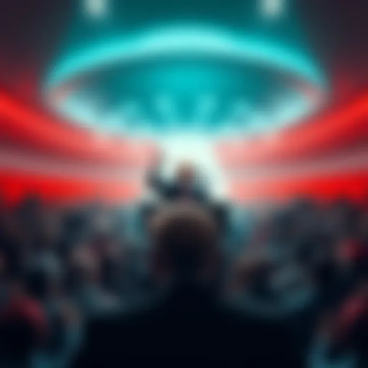 A crowd eagerly awaits President Trump at a podium with a UFO backdrop, symbolizing an upcoming announcement about extraterrestrial matters.