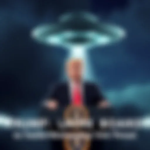 President Trump stands at a podium announcing the creation of a UFO board, with a graphic of a 'mothership' orb in the background, symbolizing national security concerns.