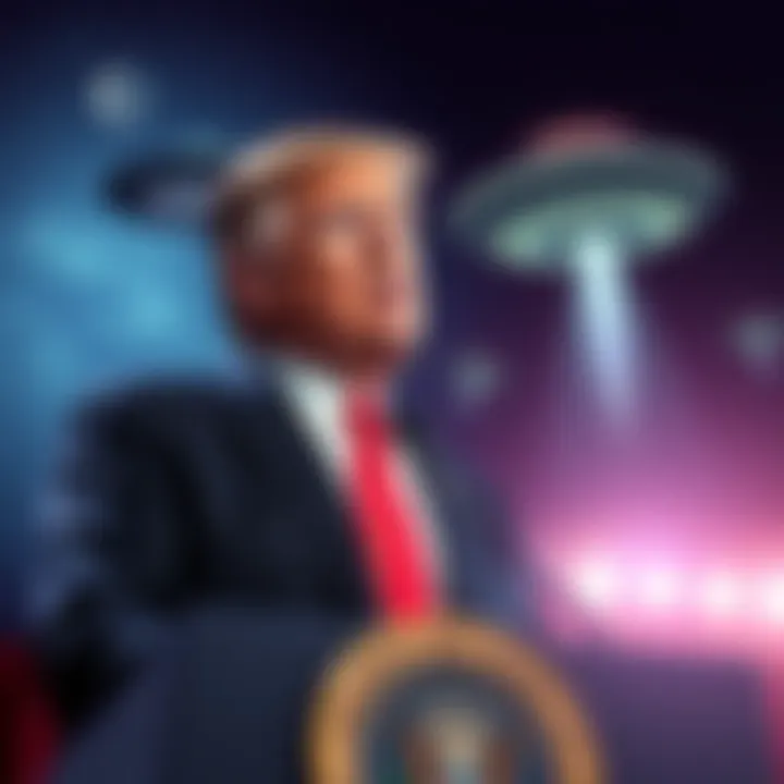 Donald Trump stands at a podium with UFO imagery in the background, signaling a major announcement about extraterrestrial life.