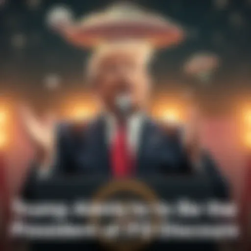 Former President Trump standing at a podium, gesturing passionately about UFOs, with a backdrop of stars and space imagery.
