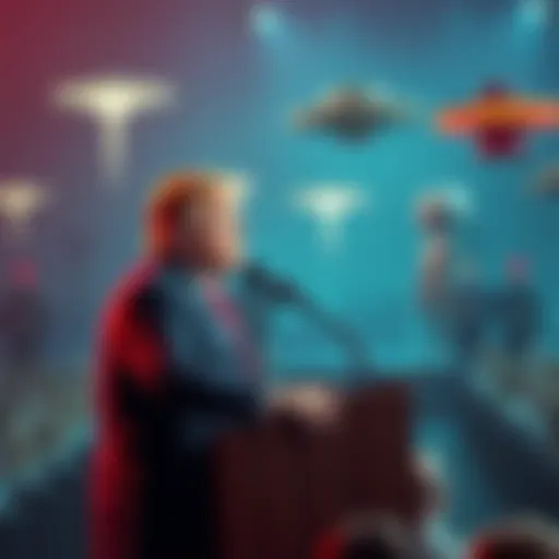 President Trump speaking at a podium about UFOs and aliens with an audience in the background