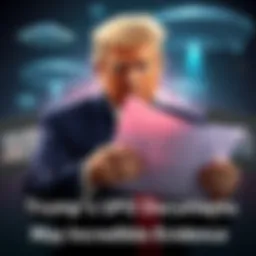 Trump presenting documents related to UFO sightings, surrounded by satellite images and videos of unidentified crafts in the background.