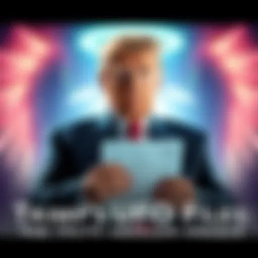 Former President Trump holding documents related to UFOs, with a backdrop of celestial imagery and a silhouette of an angelic figure.