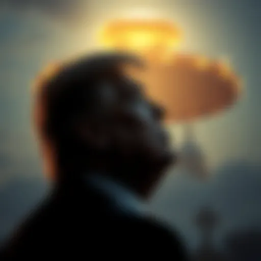 A silhouette of Donald Trump looking up at a bright UFO in the night sky, with religious symbols faintly visible in the background.