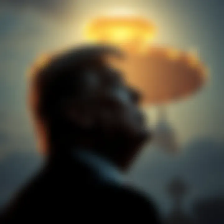 A silhouette of Donald Trump looking up at a bright UFO in the night sky, with religious symbols faintly visible in the background.