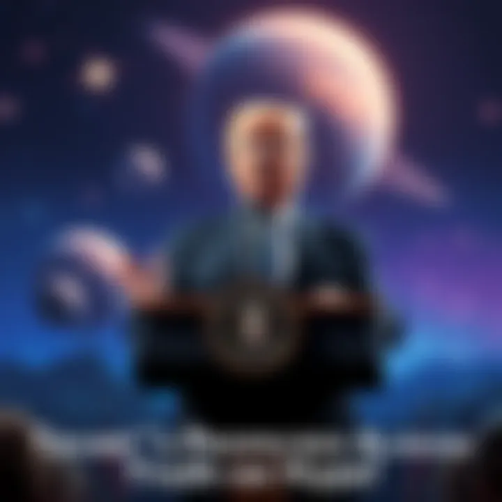 Former President Trump stands at a podium discussing extraterrestrial topics with a backdrop of stars and planets.