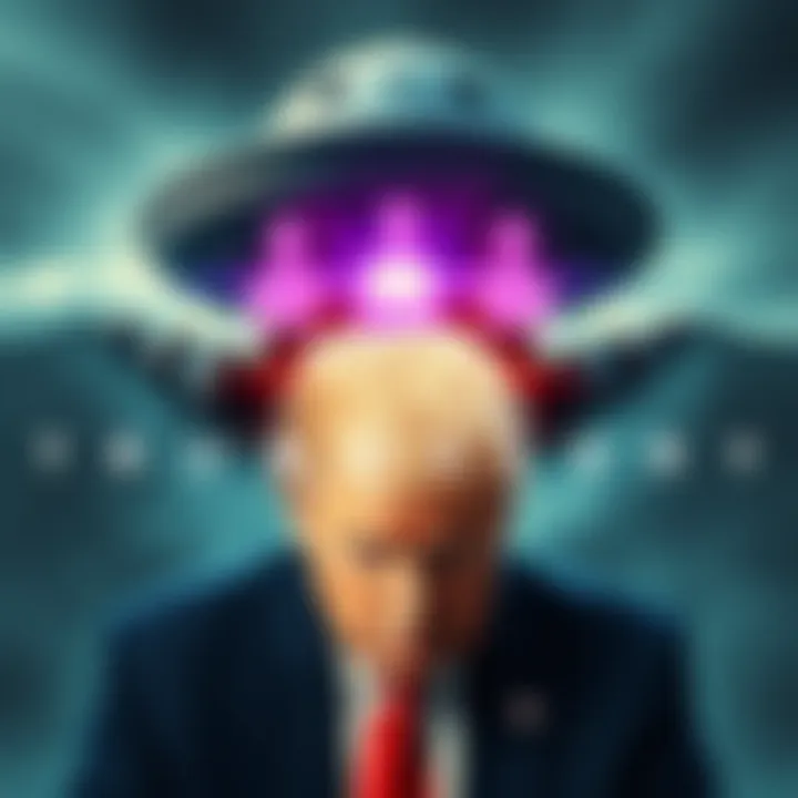 A collage featuring Trump, an alien spacecraft, and symbols representing conspiracy theories about COVID-19 and Epstein.