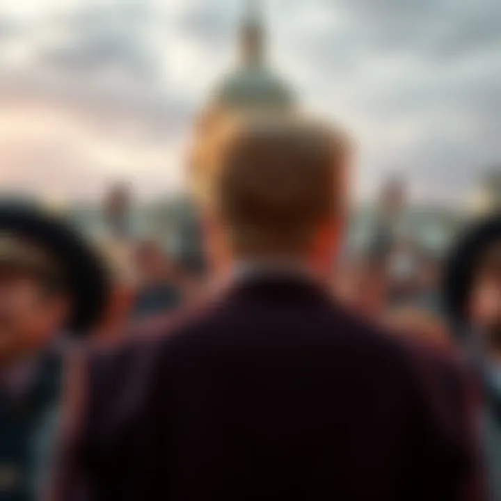 Donald Trump standing in front of the U.S. Capitol building, contemplating his influence on democracy, with an anxious crowd in the background.
