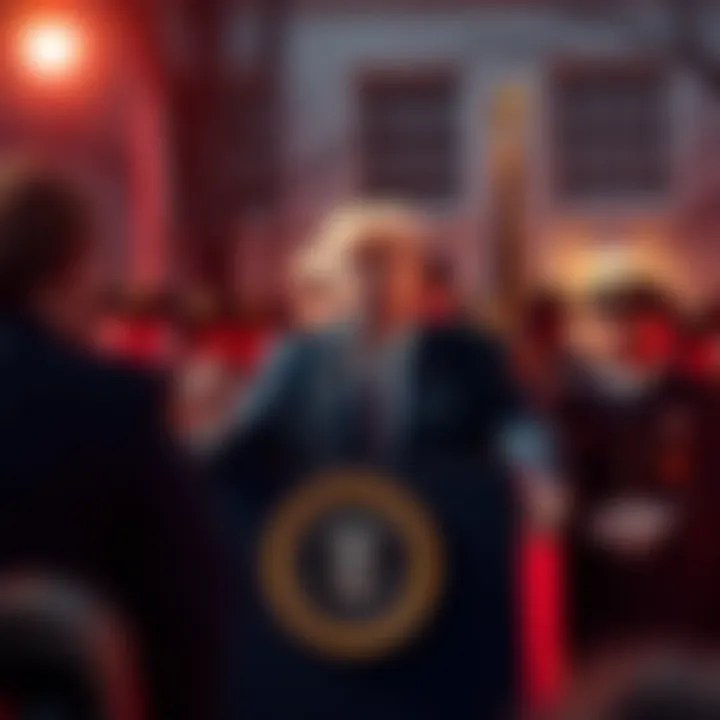 Donald Trump speaking at a podium with a heavy police presence around Walter Reed Hospital.