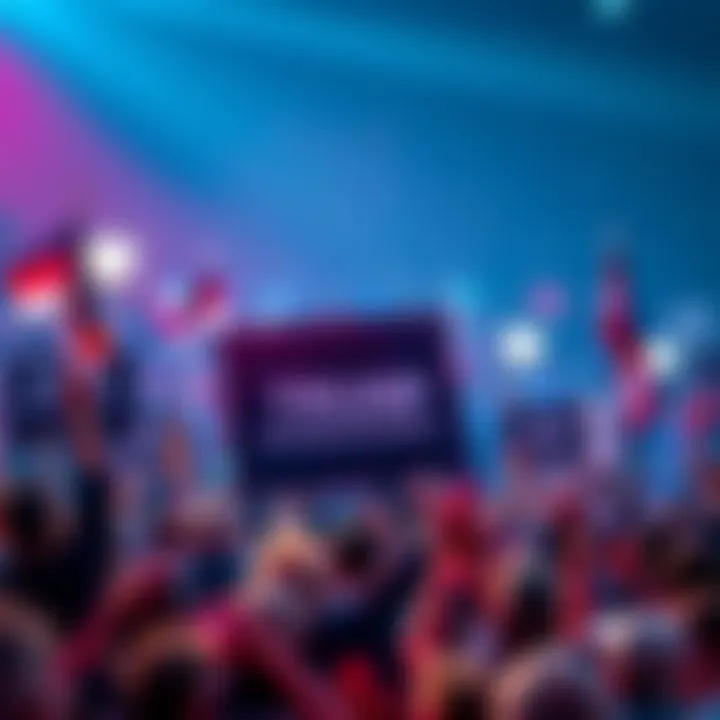 A crowd of supporters eagerly awaits an announcement from Trump, holding signs and flags, with an energetic atmosphere.