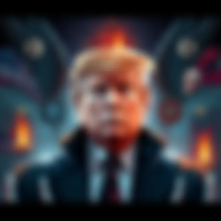 A digital illustration of Donald Trump depicted in a symbolic manner, surrounded by political and religious imagery, showcasing a dramatic and controversial theme.
