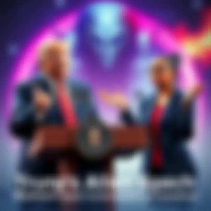 Former President Trump stands at a podium speaking, while AOC gestures passionately about inter-dimensional beings, with a backdrop of an alien-themed graphic