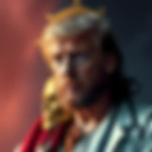 Former President Donald Trump depicted as Jesus, surrounded by a symbolic halo and doctor symbols, looking serious.