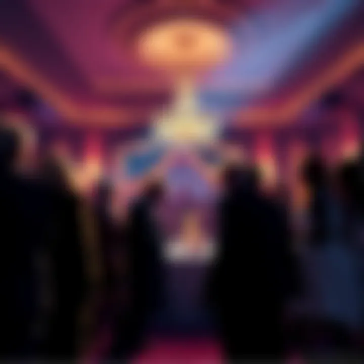 A group of people discussing conspiracy theories related to Donald Trump at a ballroom event, showing intrigue and curiosity.