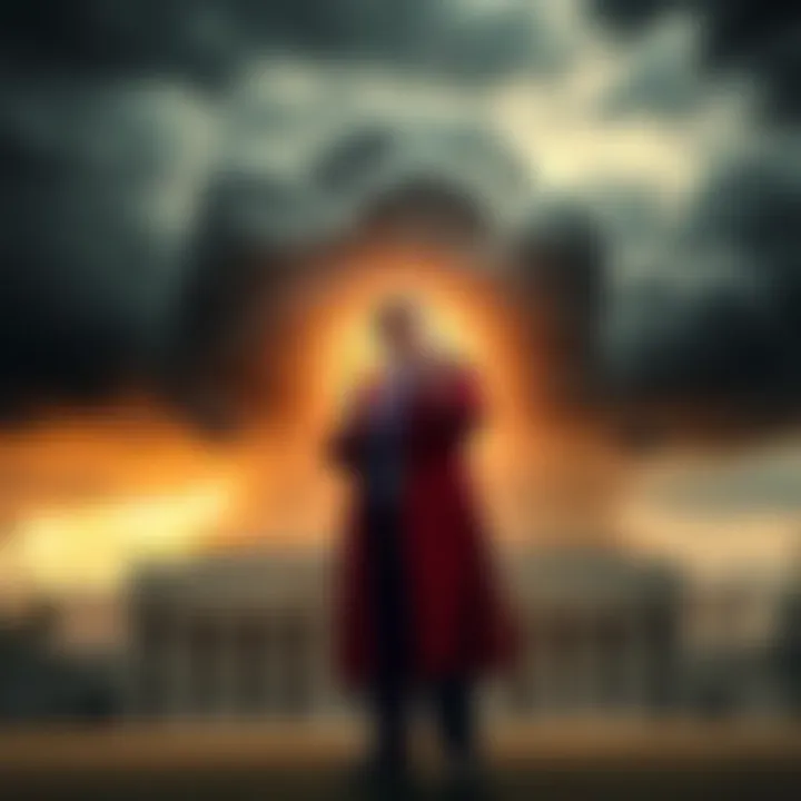Former President Trump stands with a glowing beacon, surrounded by dark stormy clouds, symbolizing the concept of Armageddon. Baron Trump is depicted in the background, hinting at his mysterious role.