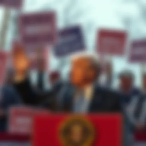 Donald Trump speaking at a rally, referencing claims of Biden's execution, with protest signs in the background.