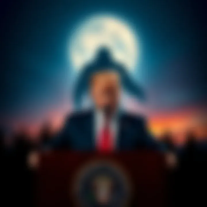 Trump with Bigfoot silhouette A silhouette of Bigfoot behind Donald Trump at a podium, highlighting the speculation around Bigfoot disclosures.
