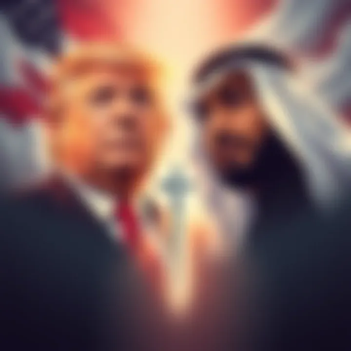 A thought-provoking illustration depicting two prominent figures representing contrasting ideologies—Donald Trump and Muhammad Bin Salman—set against a backdrop of religious symbolism and modern political imagery.