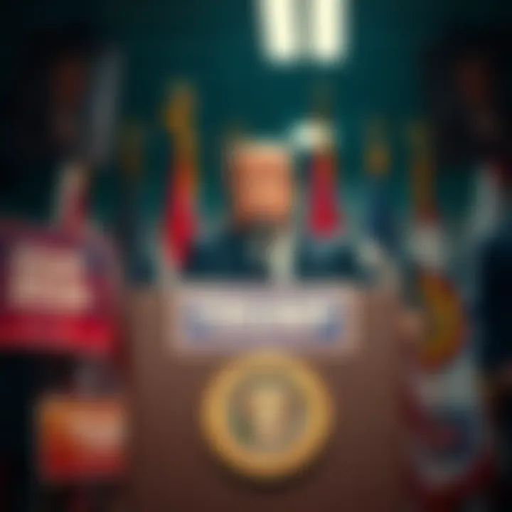 Trump standing at a podium, looking serious as he prepares for the 2026 election, surrounded by campaign posters and flags