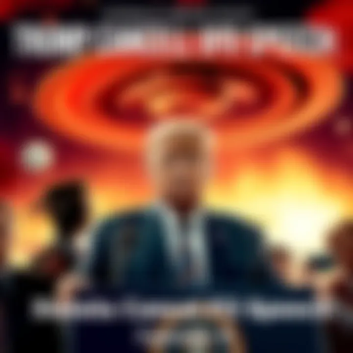 Donald Trump standing at a podium with a disappointed expression, backdrop featuring UFO imagery, surrounded by reporters