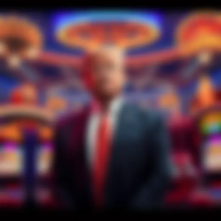 Trump and Casinos Donald Trump standing in front of a casino with a confident expression, surrounded by bright lights and slot machines.