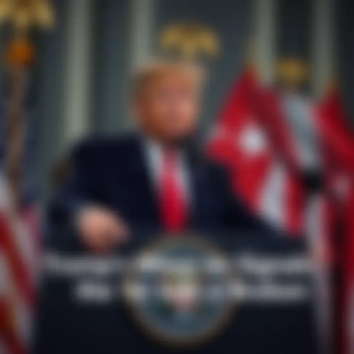 President Trump at a podium announcing U.S. control over Cuba, with U.S. flag in the background