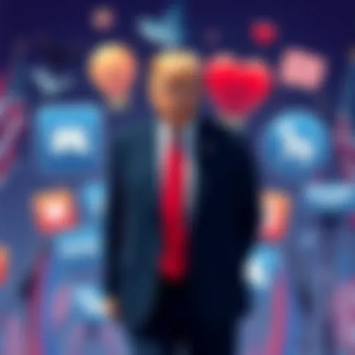 Illustration of Trump standing with Democratic Party symbols around him, showing the contrast of ideas.