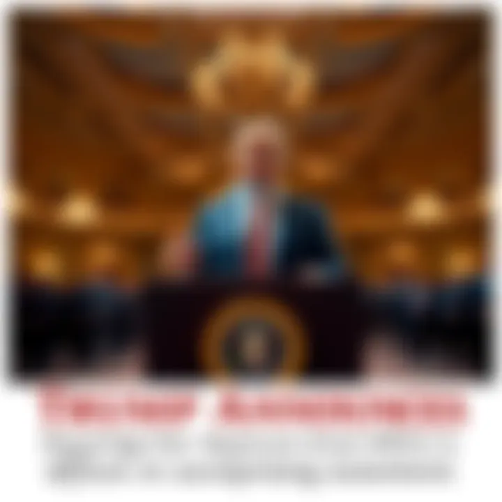 Trump Announces Departure Trump stands at a podium announcing his departure from office, with a ballroom in the background.