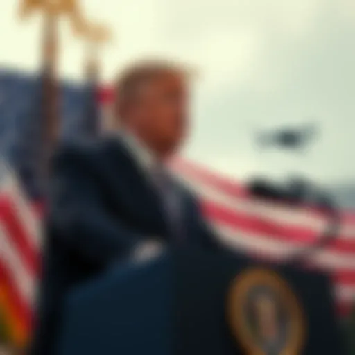 President Trump speaking at a podium with an American flag, addressing concerns about drones near military sites.