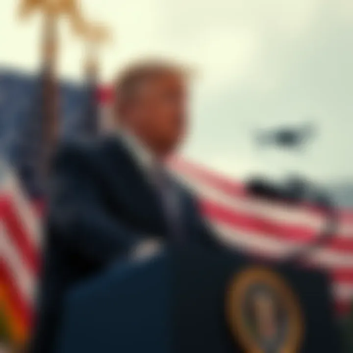 President Trump speaking at a podium with an American flag, addressing concerns about drones near military sites.