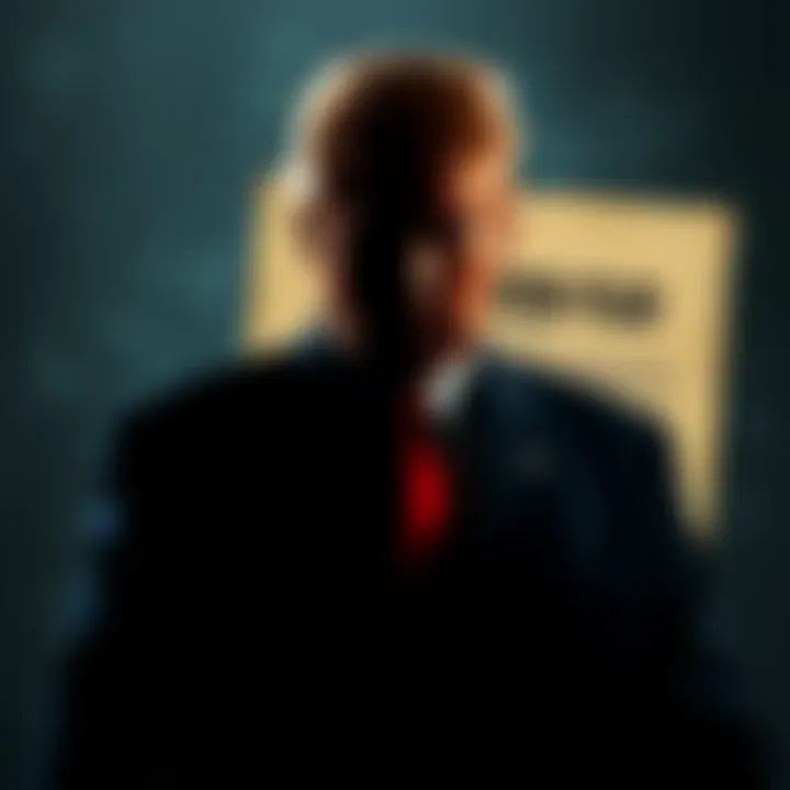 A shadowy figure representing Trump with a document labeled Epstein Files in the background, symbolizing hidden information.