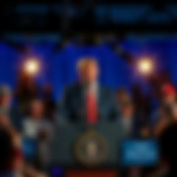 President Trump speaking at a podium during a press conference, dismissing claims made by survivors of Jeffrey Epstein's abuse, with a backdrop of reporters and cameras capturing the moment.