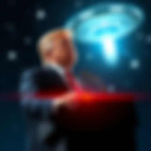President Trump stands at a podium with a backdrop of stars and a UFO, discussing extraterrestrial life.